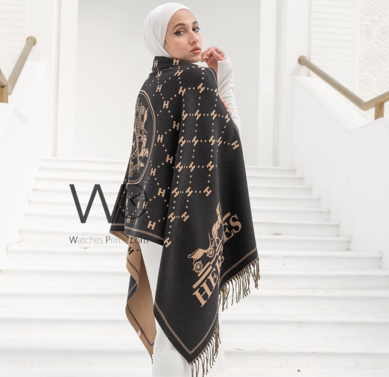 شال سكارف ماركة هيرميس من صوف الكشمير بلون بني ذهبي | واتشز برايم