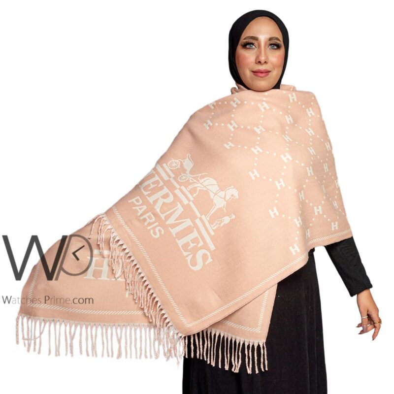 شال سكارف ماركة هيرميس من صوف الكشمير بلون بيج فاتح | واتشز برايم