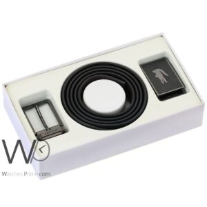 Lacoste for men black 2 buckles gray leather belt gift box