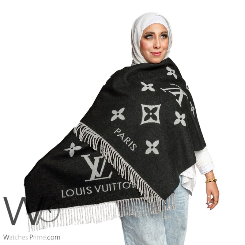 شال سكارف ماركة لويس فيتون LV من صوف الكشمير بلون اسود | واتشز برايم