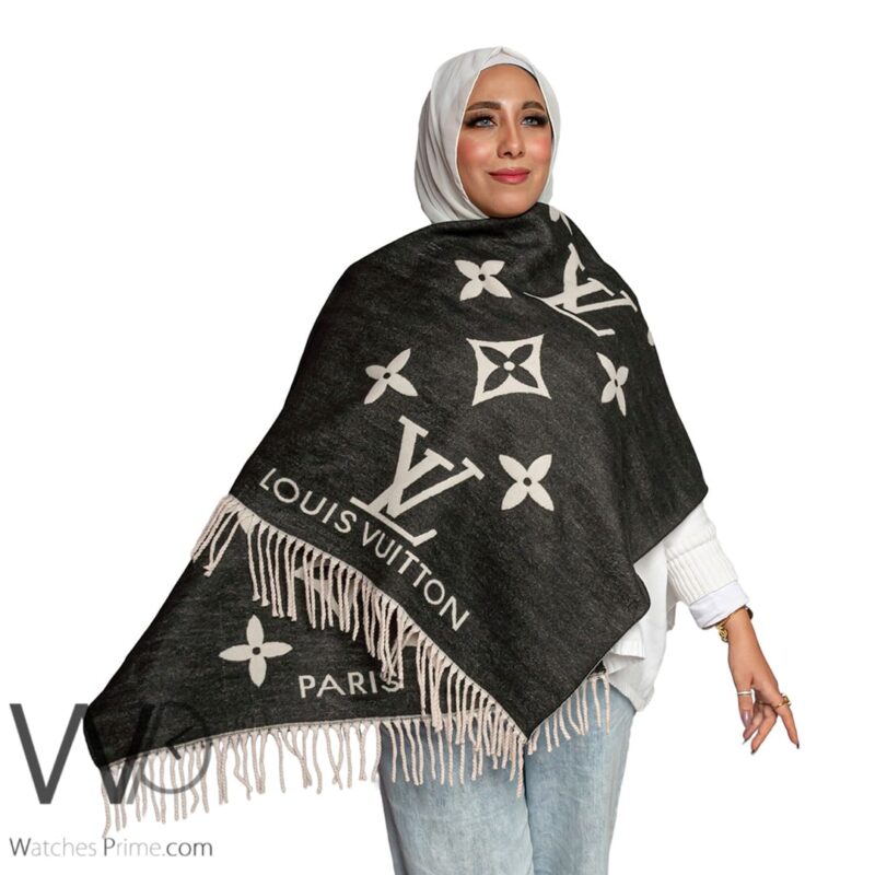 شال سكارف ماركة لويس فيتون LV من صوف الكشمير بلون رمادي | واتشز برايم