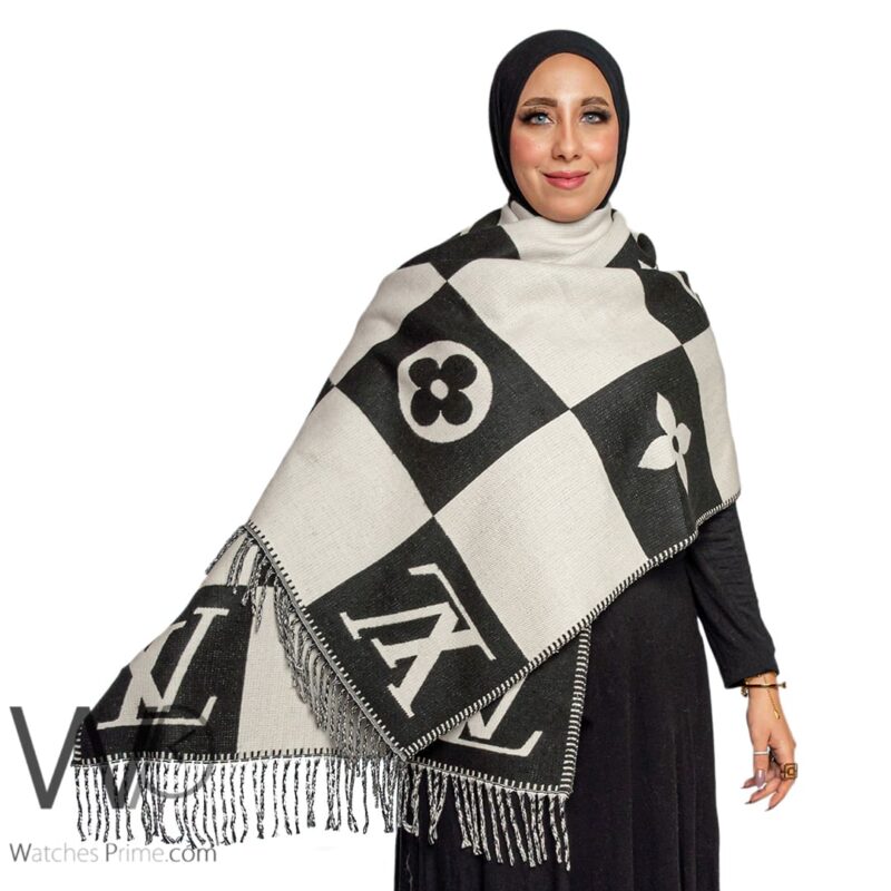 شال سكارف ماركة لويس فيتون LV من صوف الكشمير بلون رمادي ابيض | واتشز برايم