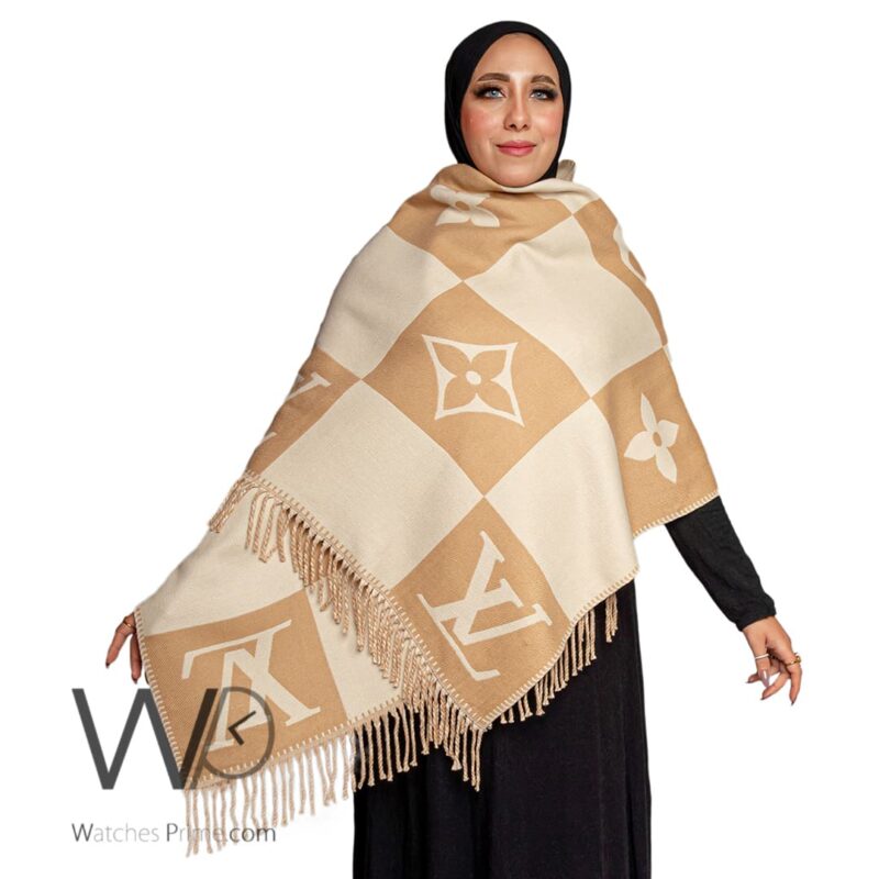 شال سكارف ماركة لويس فيتون LV من صوف الكشمير بلون بيج فاتح | واتشز برايم